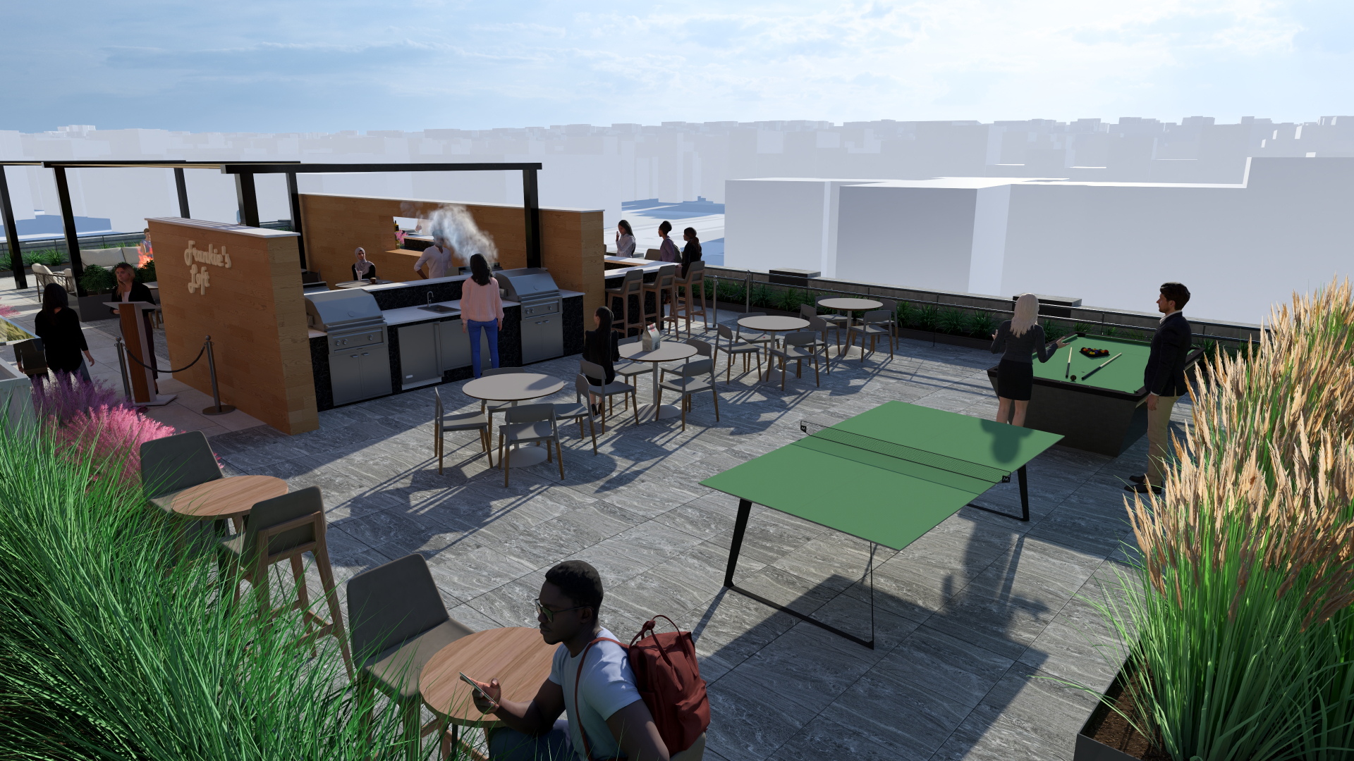 Rooftop terrace with grilling stations and lounge seating